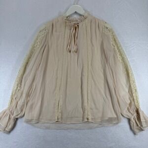 Ramy Brook Beige Silk Lace Trim Ruffle Neck Long Sleeve Blouse Medium